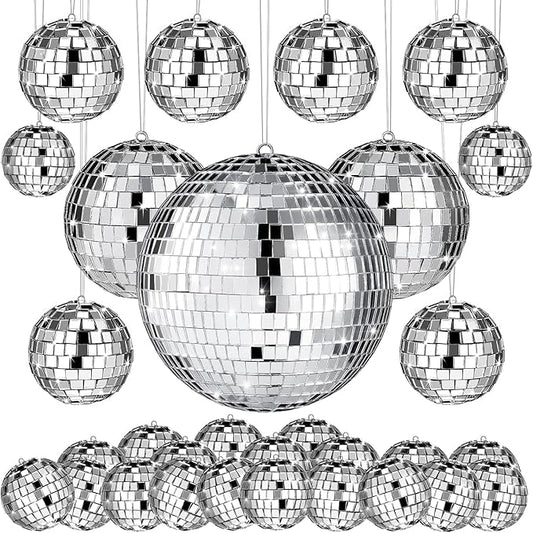 54 Pcs Disco Ball Hanging Decor - Mini Silver Mirror Ball Cake Topper for 74s Themed Party, Wedding, Christmas Supplies