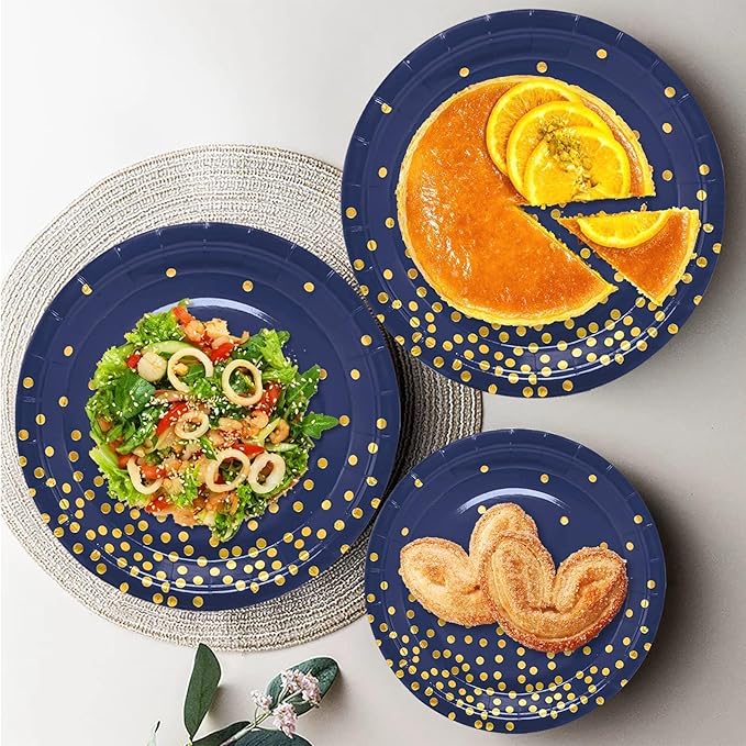 175PCS Blue Plates and Napkins Party Supplies, Blue and Gold Party Decorations Serve 25 Guests - Royal Blue Paper Plates for Birthday 2025 Graduation Party Decorations