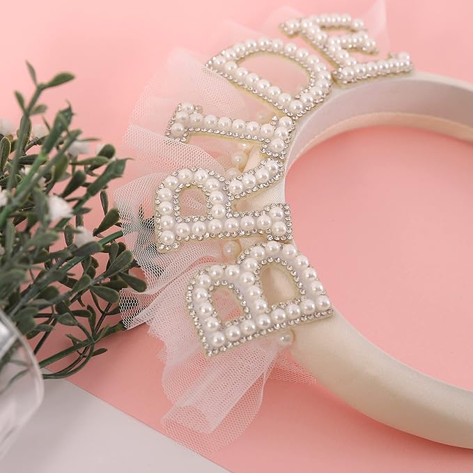 Pearl Veil Bride Headband, White Satin Hairband with 'BRIDE' Decorated by Pearl and Rhinestone, Bridal Hairband for Bachelorette Party Decorations, Women's Hair Accessory