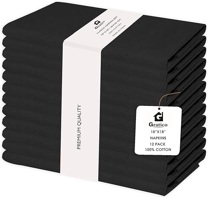 Cloth Dinner Napkins Onyx Set of 12 (18"X18") 100% Cotton Absorbent Durable Washable Reusable Ideal for Farmhouse Party Thanksgiving Fall Christmas Everyday Use Table Napkins