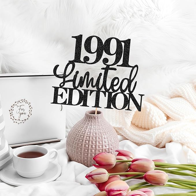 Limited EDITION 1991 Cake Topper - Black Glitter Happy 34th Birthday Party Cake Decoration Supplies, Cheer to 34 Years Cake Bunting Decor for 34th Birthday Party Photo Booth Props