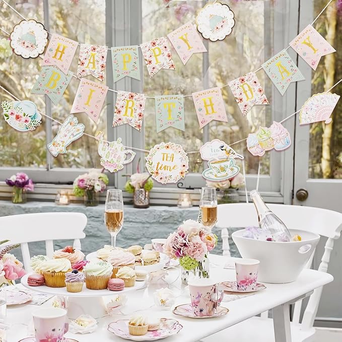 SUNBEAUTY Floral Tea Party Birthday Decorations Tea Happy Birthday Banner Floral Garland Birthday Banner for Alice in Wonderland Tea Party Decorations Photo Booth Backdrop | Pre-Strung