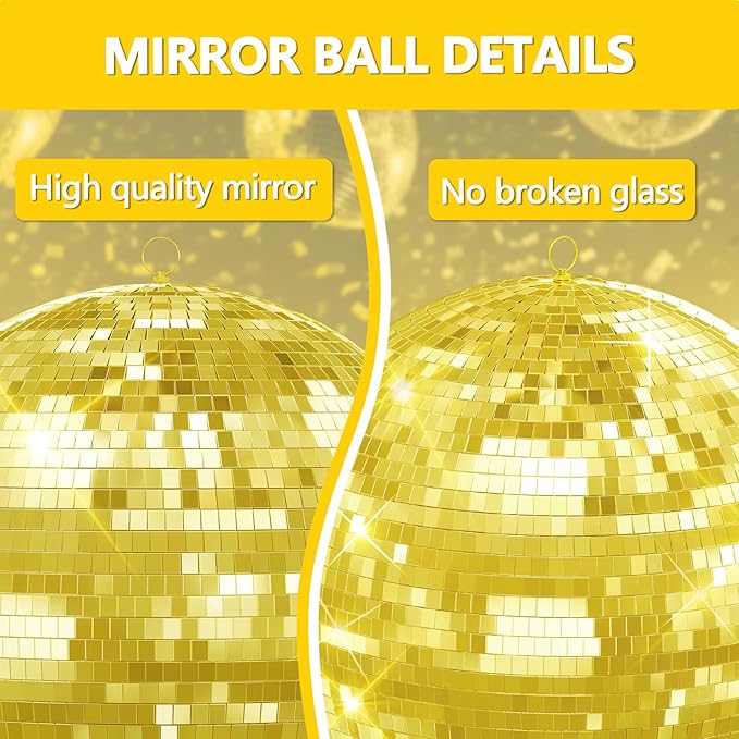 Disco Ball, 12/16/20 Inch Hanging Disco Ball, Mirror Ball for Party Decoration, Wedding, DJ Club, Stage, Birthday, Christmas, New Years Celebration (Golden, 12Inch)