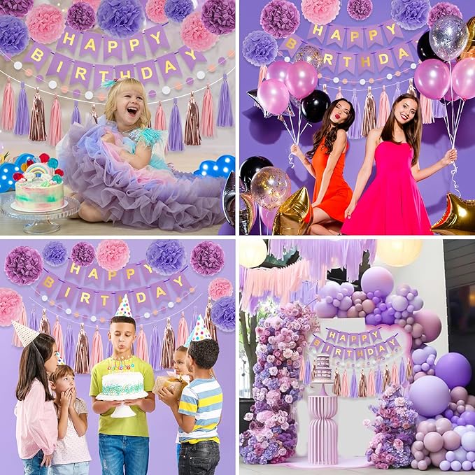 RUBFAC Purple Pink Birthday Party Decorations Set With Happy Birthday Banner, Tissue Paper Pompoms, Tassel Garland, and Circle Dots Garland for Women Girls