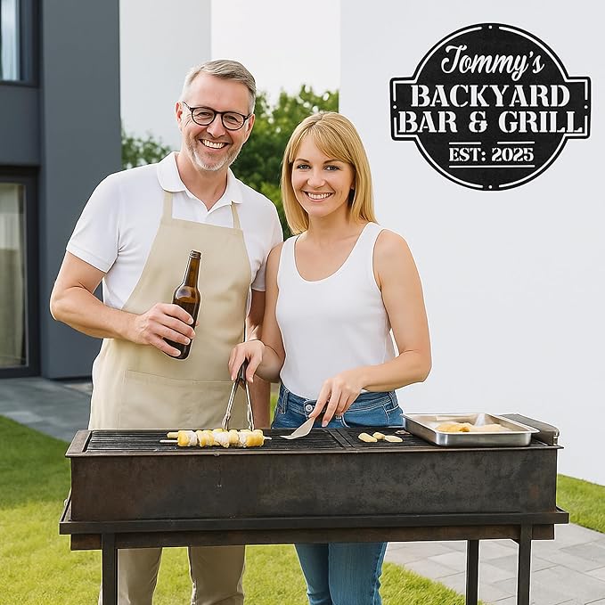 Custom BBQ Grill Metal Sign Personalized Name Wall Art for Outdoor Barbecue Patio Kitchen Backyard Decor Gift for Dad Husband Men Papa Grandpa Father Grilling Enthusiasts Family Lover Funny Gifts 34