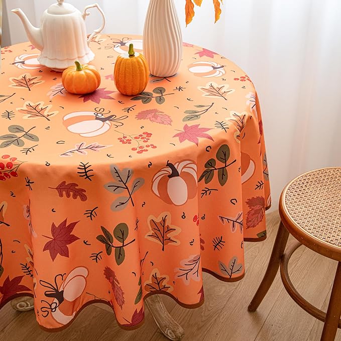 Thanksgiving Waterproof Tablecloth – Fall Harvest Pumpkins, Maple Leaves & Berries Print – Autumn Rectangle Table Cover for Dining or Party, Brown, 60" Round