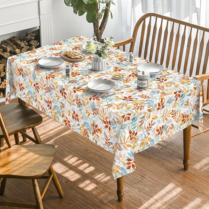 Horaldaily Fall Tablecloth 60x60 Inch, Thanksgiving Autumn Harvest Orange Blue Watercolor Leaf Table Cover for Party Picnic Dinner Decor