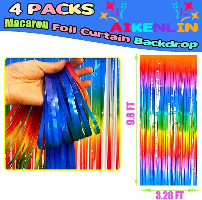 4 Pack Macaron Colorful Foil Fringe Curtain Backdrop, 3.2Ft x 9.8Ft Metallic Tinsel Foil Fringe Streamers Curtains for Party, Photo Booth Prop, Birthday, Wedding, Christmas Party Decoration Supplies
