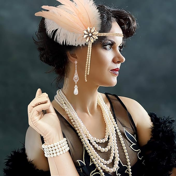 DRESHOW 1920s Great Gatsby Accessories for Women Flapper Headpiece Headband Gloves Costume Harlem Nights Accessories Set