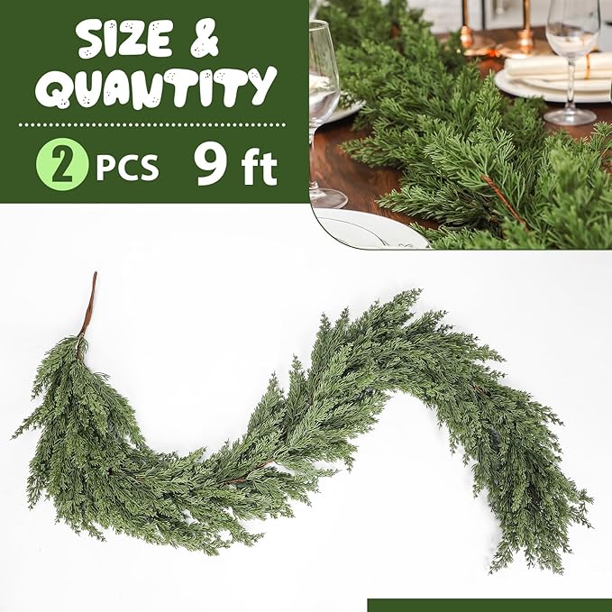 Dingion 2 PCS 9 ft Christmas Cedar Garland - Artificial Realistic Decorations Cedar Pine Needles Faux Garland for Seasonal Holiday Decor - Suitable for Table, Mantel, Stair