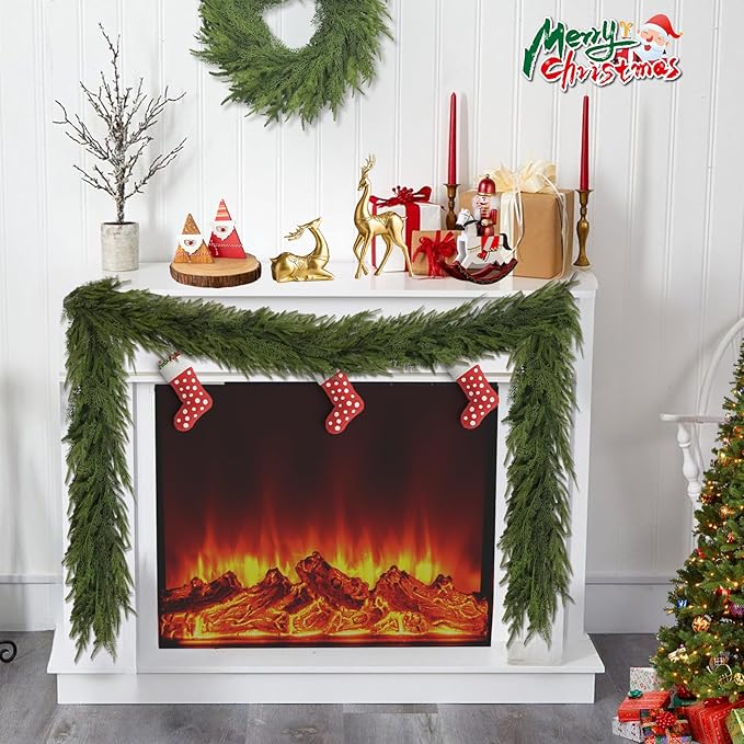 9FT Christmas Garland for Decoration Home Indoor Outdoor, Realistic Christmas Pine Garland Artificial Real Touch Greenery Cedar Garland Mantel Window Table Wall Holiday Thanksgiving Winter Décor