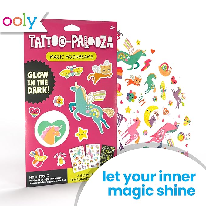 Ooly 40+ Glow in the Dark Temporary Tattoos For Kids, Safe & Non-Toxic Temporary Tattoo, Party Favors Gifts for Kids - Magic Moonbeams