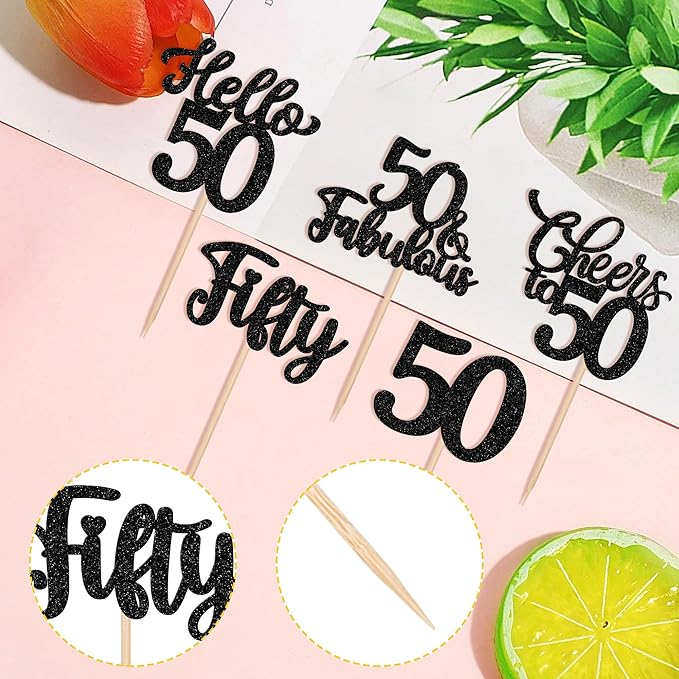 30PCS Happy 50th Birthday Cupcake Toppers Glitter Hello 50 Fabulous Fifty Cheers to 50 Years Old Birthday Cupcake Picks for Happy 50th Birthday Anniversary Party Cake Decorations Supplies Black