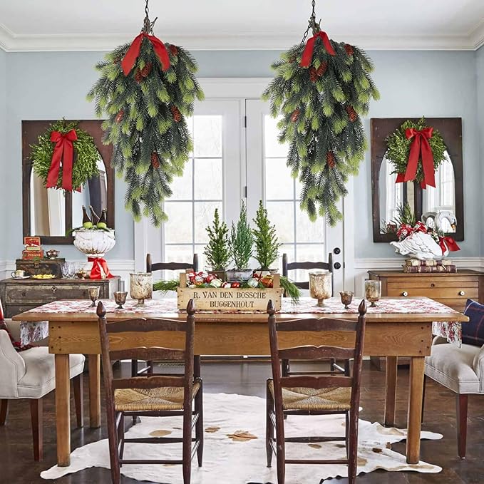 RECUTMS Artificial Christmas Teardrop Artificial Pine Branches with Pine Cones Green Plants Pines Needles Fake Hanging Plants Outdoors DIY Accessories for Christmas Home Garden Decor(Light Green)