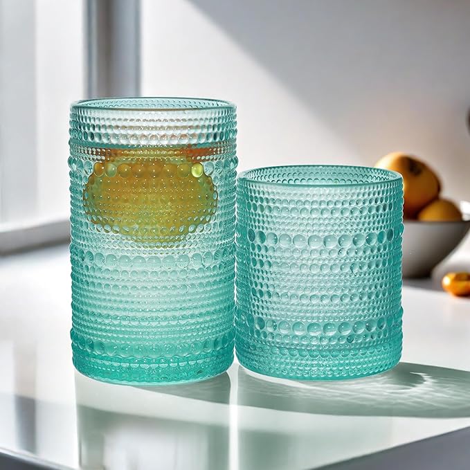 Vintage Hobnail Driinking Glasses Set, Glassware Drinking Set of 8, 12 oz Highball Glasses & 10 oz Cocktail Glasses, Tumbler Glasses for Cocktails, Whiskey, Juice, Milk