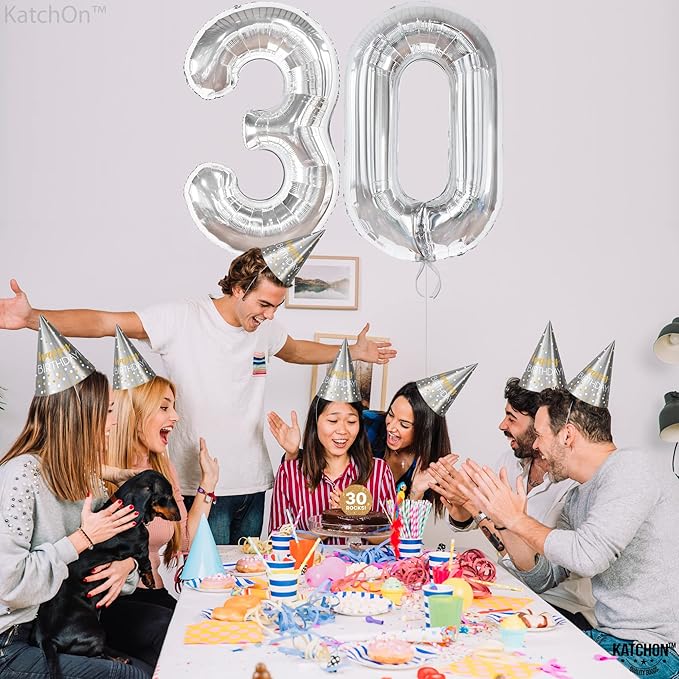 KatchOn, Silver 30 Balloon Numbers - 40 Inch | 30 Number Balloons | 30th Birthday Decorations for Her, Him | 30th Anniversary Decorations | Silver Birthday Decorations
