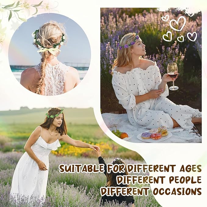 AmFor 11 Pcs Multicolor Rose Flower Wreath Crown Headband Garland Headpiece for Music Festival Celebration Beach Wedding Party