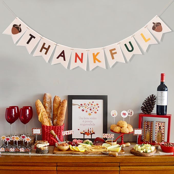 Thankful Felt Banner - Autumn Holiday Party Decorations, Fall Wall Fireplace Hanging Banner, Photo Props, Home Decorations