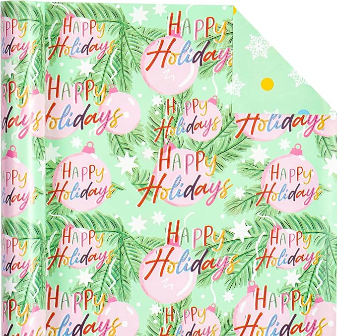 WRAPAHOLIC 30 Inch Jumbo Reversible Christmas Wrapping Paper - 30 Inch x 33 Feet - Happy Holiday Lettering with Christmas Ball Design for Holiday, Party Celebration