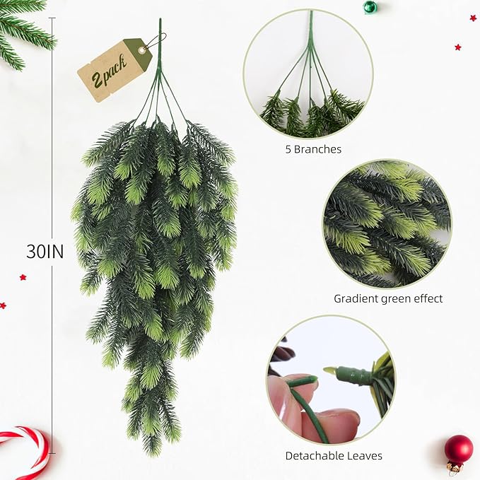 RECUTMS Artificial Hanging Pine Needles Green Plants,Fake Greenery Pine Picks Outdoor Faux Plants Hanging for DIY Christmas Embellishing and Home Outside Garden Decoration in 2 Pcs(Light Green)