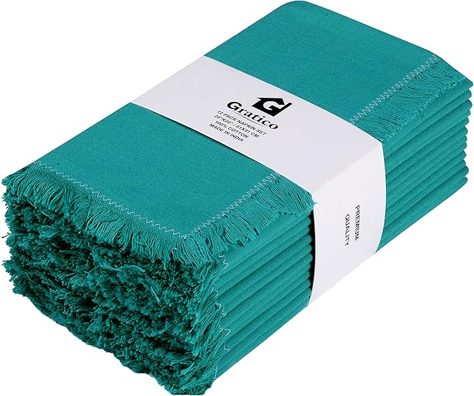 Dinner Cloth Napkins Set of 12, Premium Cotton 20x20 Inches Highly Absorbent, Hotel Quality Reusable & Washable Dinner Napkins with Fringe Corner Napkins for Home & Weddings - Spring Green