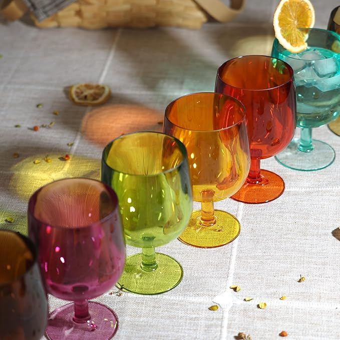 8-Piece Colorful Plastic Stackable Drinking Cup Set - 8.5 oz Wine Goblets, Reusable, BPA-Free, Dishwasher Safe