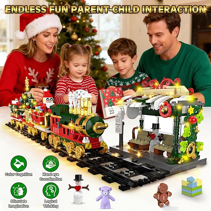 Shemira Advent Calendar 2025 Christmas Train Building Toy Set with Lights, 24 Days Christmas Countdown Calendar Building Blocks, Xmas Gifts Toys Decoration for Kids Teens Adults Boys Girls, 1122 PCS