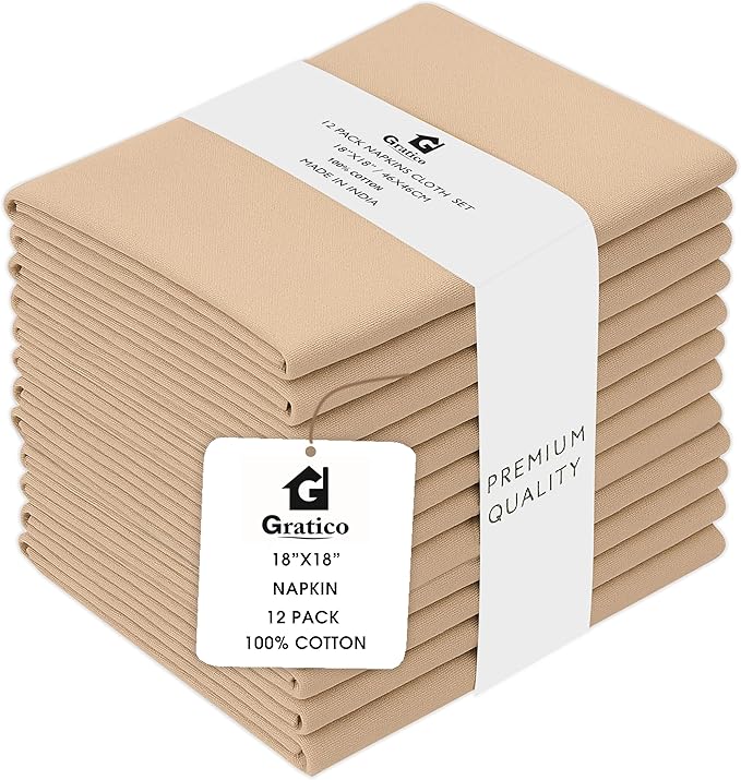 Dinner Cloth Napkins Set of 12, Premium Soft Cotton 18x18 Inches, Highly Absorbent, Hotel Quality Reusable & Washable Dinner Napkins with Mitered Corner Napkins for Home & Weddings - Taupe