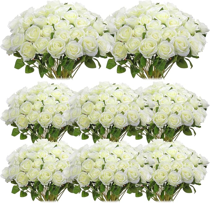 Hotop 80 Pcs Rose Artificial Flowers Bulk with Long Stem, Silk Roses Realistic Fake Flowers Bouquet for Wedding Table Centerpieces Bridal Shower Party Home Decorations(White)