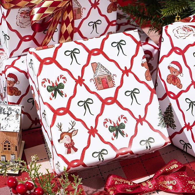 PlandRichW Christmas Wrapping Paper - Red & Green Santa Trellis with Reindeer, Gingerbread, Candy Canes & Teddy Bears - 40×28 Inch Xmas Gift Wrap, 4 Folded Sheets for Kids & Adults