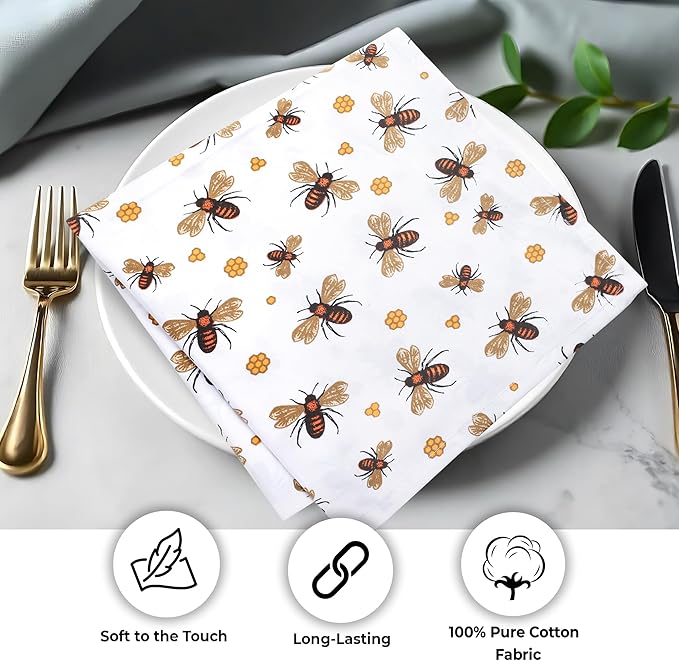 Urban Villa Dinner Napkins Honey Bee Print Cloth Napkins (Set of 12) Oversized 20x20 Inches 100% Cotton Premium Quality Soft Durable with Mitered Corners Reusable Washable Everyday Use Parties Napkins