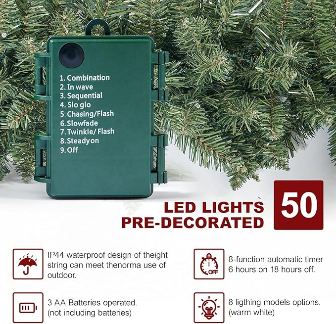 9 FT Pre-lit Christmas Garland Holiday Artificial 50 Led Light for Stairs Wall Door Indoor Outdoor Garland with Battery Operated Timer, for Home Decorations Fireplaces
