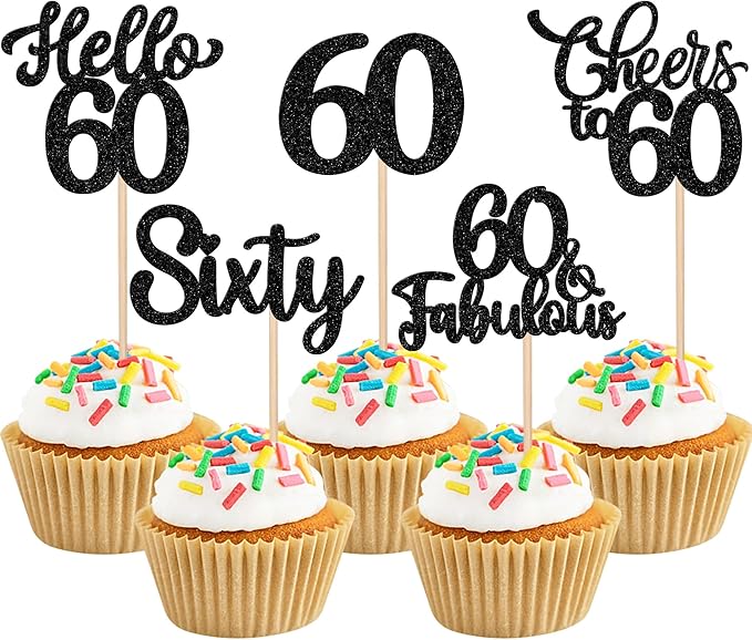 30PCS Happy 60th Birthday Cupcake Toppers Glitter Hello 60 Fabulous Sixty Cheers to 60 Years Old Birthday Cupcake Picks for Happy 60th Birthday Anniversary Party Cake Decorations Supplies Black