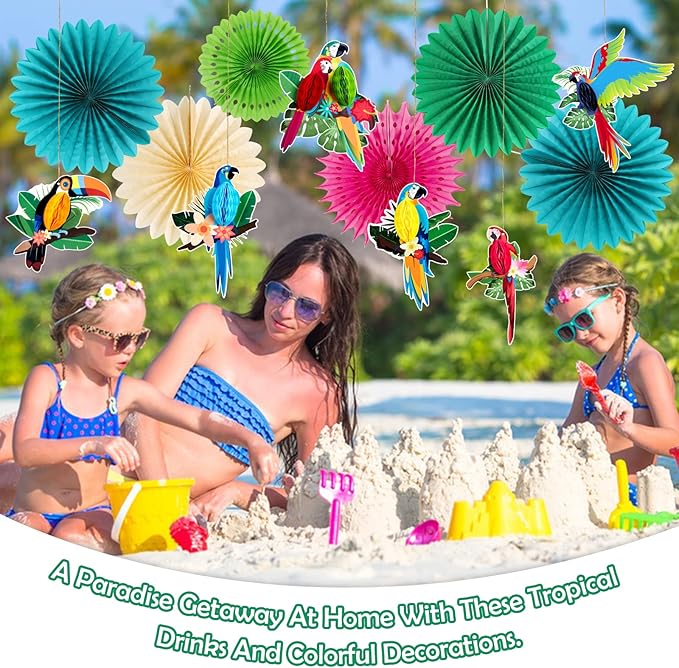 Tropical Parrot Party Decorations, Green Teal Jungle Theme Decorations for Summer Hawaiian Luau Tiki Party Supplies Hanging Tissue Paper Fans Honeycomb Balls Poms.