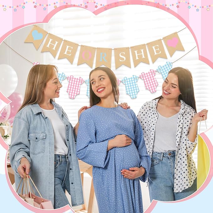 2 Pcs Gender Reveal Decorations Pre-strung He or She Burlap Banner Sign Glitter Baby Suit Bodysuits Banner Girl or Boy Garland for Gender Reveal Baby Shower Birthday Party Decorations