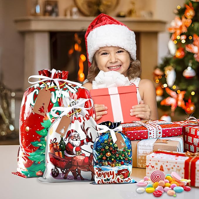 AURUZA 20PCS Christmas Drawstring Gift Bags - Assorted Sizes from Small to Jumbo, with Colorful Designs & Tags, Ideal for Holiday Wrapping & Decorations Party Favors
