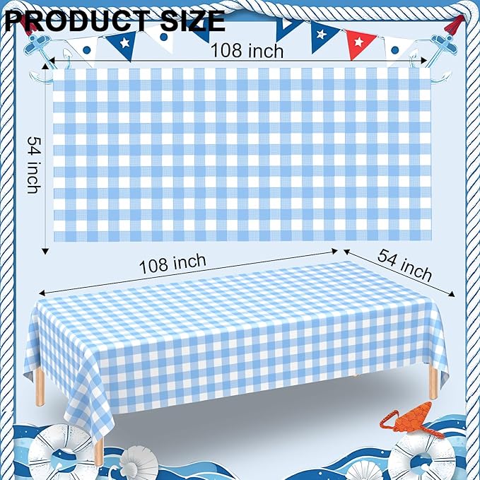 3 Pack Light Blue Gingham Tablecloth Rectangular Pale Blue and White Checkered Tablecloths Disposable Plastic Plaid Table Cover for Parties, Outdoor Picnic, Birthday, Wedding, Camping 54 × 108 Inch