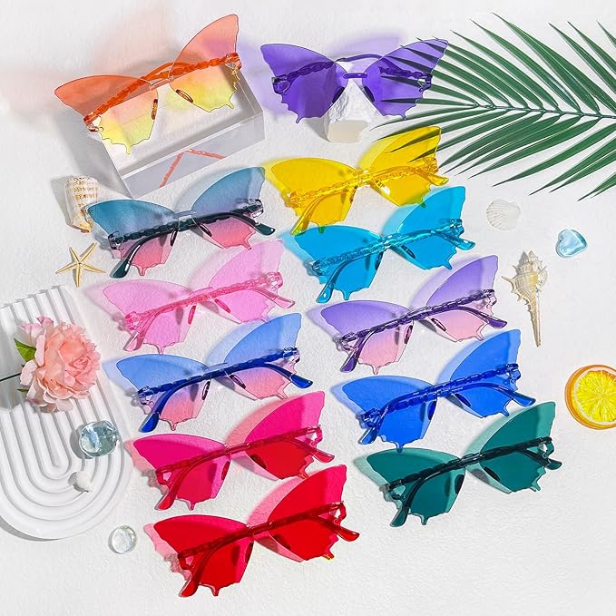 Pibupibu 24 Pack Star/Heart/Butterfly/Flame Sunglasses Bulk, Rimless Fun Colorful Sunglasses for Women Party Favors