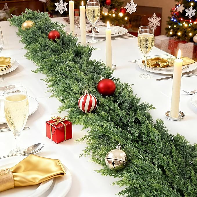 6FT Real Touch Cedar Garland - Artificial Christmas Garlands Faux Green Cedar Fake Pine Needles Garland for Fireplace Table Stair Mantle Window Indoor Outdoor Home Holiday Winter Christmas Decorations