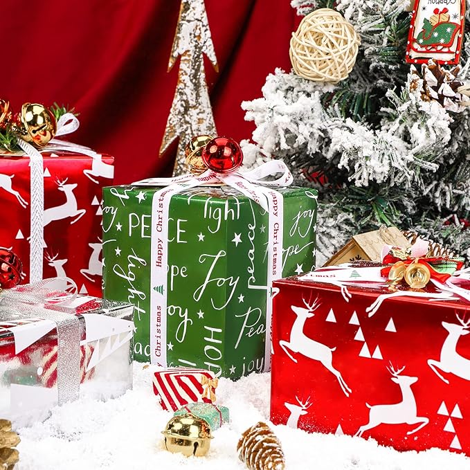 WRAPAHOLIC 30 Inch Christmas Wrapping Paper Roll - Jumbo Roll Red Green Gold and Silver Snowflakes Trees Holiday Collection with Metallic Foil Shine - 4 Rolls - 30 Inch x 120 Inch Per Roll