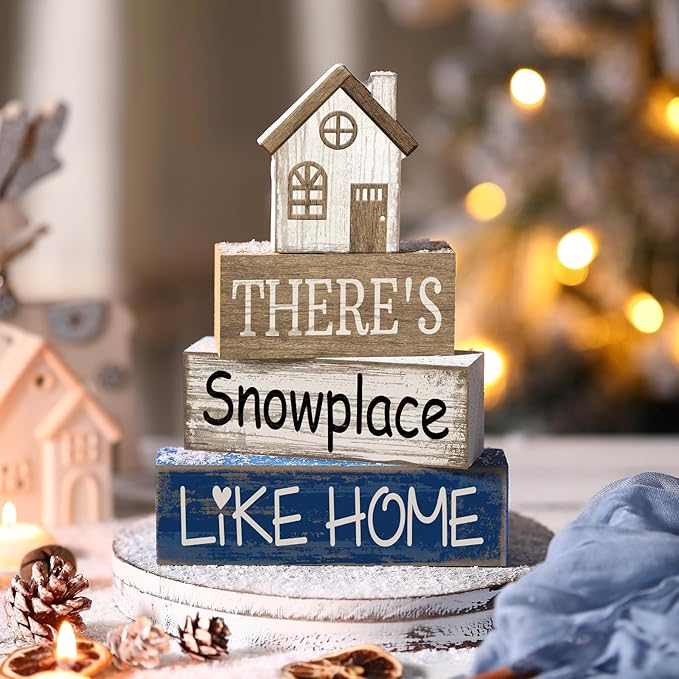 4 Pcs Christmas Table Decor Winter house Wooden Table Decorations Rustic Signs Tiered Tray Decor Wood Farmhouse Vintage Ornaments Winter Christmas Gift for Kitchen Home Desk
