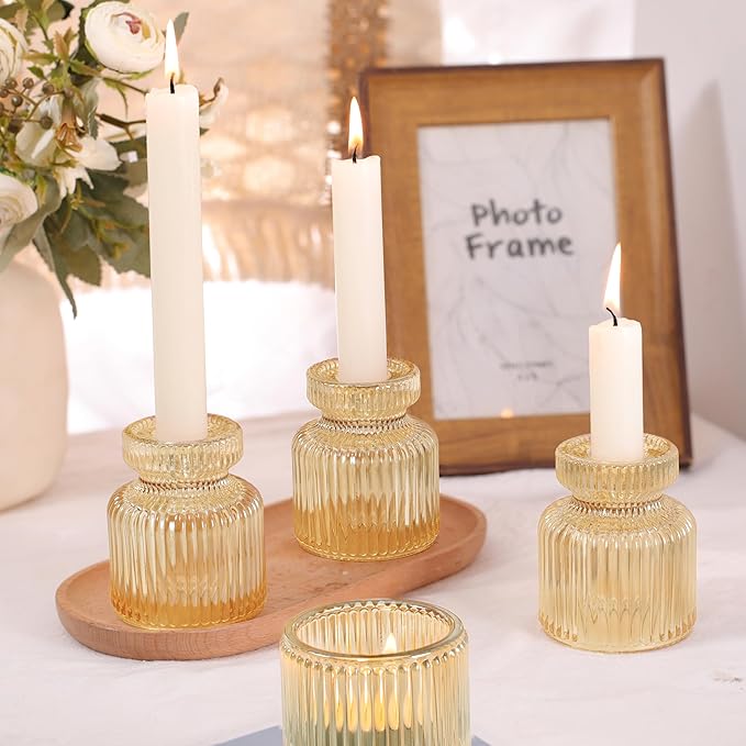DARJEN 12 Pcs Glass Candlestick Holders- Gold Taper Candlestick Holders Tealight Votive Candle Holders for Table Centerpieces, Wedding, Dinner Party, Home Decor