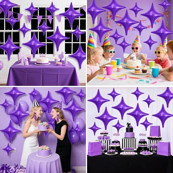 Purple Star Balloons,12Pcs Four Angle Star Foil Balloons,26Inch and 10Inch Purple Quadrangle Helium Balloon for Girl Theme Birthday Baby Shower Party Decorations