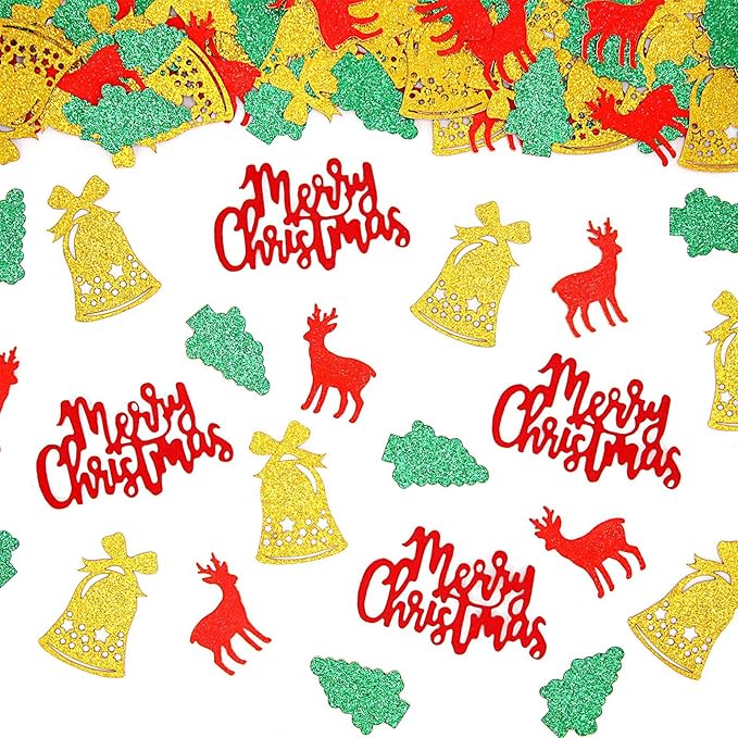 VHUWE Christmas Confetti, 200 Pcs Glitter Gold Bell Red Elk Green Tree Red MerryChristmas for Christmas Table Centerpiece Decorations Birthday Winter Holiday Party Décor - Glitter Paper