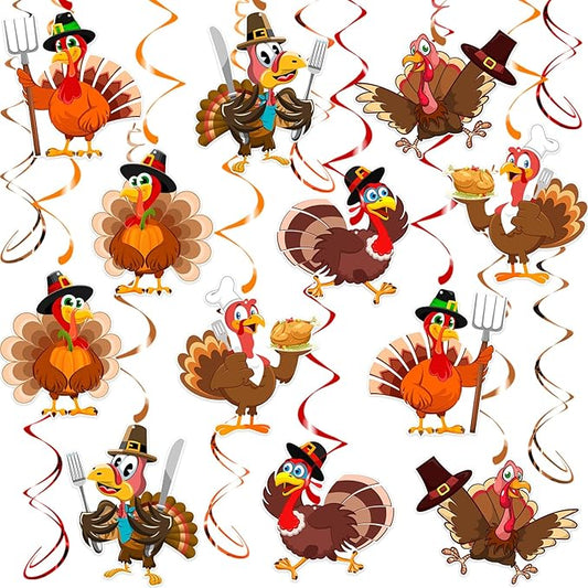 30Pcs Thanksgiving Turkey Hanging Swirls, Thanksgiving Decorations Hanging Swirl Turkey Ceiling Swirls Streamers for Classroom Friendsgiving Party Supplies