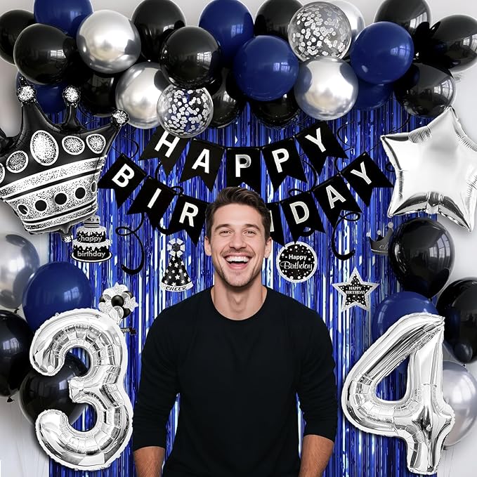 34th Birthday Decorations for Men and Women, Black Blue Silver Happy Birthday Number 34 Balloons, Banner, Fringe Curtains Garland Kit - 34 Year Old Party Supplies