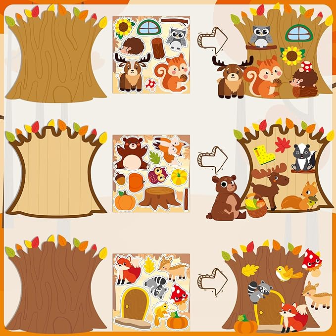CY2SIDE 12 Sets Fall Woodland Animal Scene Sticker Art Craft for Kids, Make A Fall Woodland Scene with Fox Pumpkin Sticker, DIY Autumn Party Games for School Classroom Activities