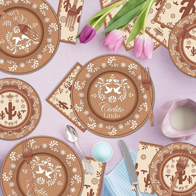 96Pcs Cielito Lindo Party Decorations Disposable Tableware Set - Cielito Lindo Paper Plates Napkins Forks Mexican Cinco de Mayo Fiesta Baby Shower Birthday Party Supplies Serve 24 Guests