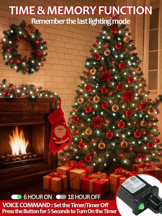 Voice Controlled Smart Christmas Lights Outdoor, 75.8ft 200 LED Extendable String Lights with 7 Voice Commands, 12 Modes & Timer, Waterproof Christmas Decorations for Party Tree Garden (Red and White)