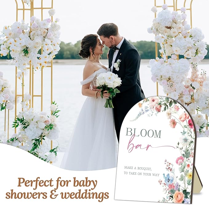 Floral Bouquet Bar Wooden Sign, Bride Shower Flower Bar Station, Baby Shower Bow Welcome Tabletop Sign Decor, Floral Table Signs for Gender Reveal Parties, Bridal Shower Bouquet Decorations Signs